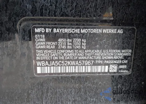 2019 BMW 530I from USA, damaged, VIN WBAJA5C52KWA57967